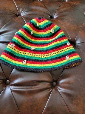 Urban Outfitters Multicolor Rasta Stripe Crochet Bucket Hat with Shell Accents